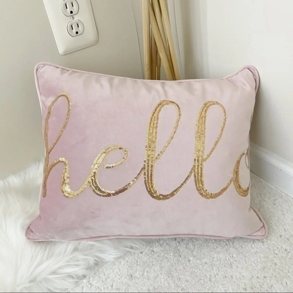 Pink and gold hello accent decorative pillow